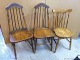 Three vintage wooden chairs, mismatched one about 17