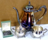 Pretty Oneida teapot with Leonard Silver Plate cream and sugar, more. Teapot about 9