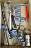 Pastry prick, napkin rings, stainless tongs, ice cream scoop, french fry-er, corer, slotted spoon,
