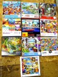 Ten 350 and 300 piece jigsaw puzzles incl one by Kodak, Memory Lane, more. Boxes opened, pieces