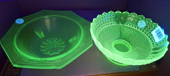 Footed yellow uranium glass compote or serving piece is 8-1/2" diameter; green uranium glass footed