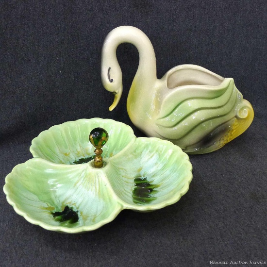 Divided pottery dish is approx. 10" diameter; heavy pottery swan planter is unmarked, stands 8".