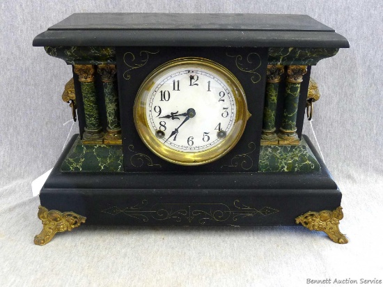 Adamantine mantle clock. Is an eight day, half-hour strike, Cathedral gong, measures 16'' x 11'' x
