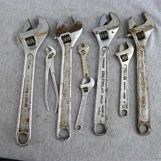 Craftsman, Crescent, Fuller, other adjustable wrenches up to 10", plus a little pair of pliers.