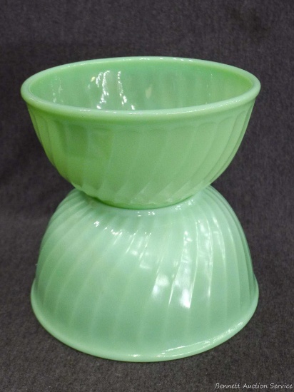 Fire King Jadeite mixing bowls; set of 2 measures 7-1/2" and 9" diameter.