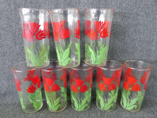 Vintage juice glasses with red tulip print; glasses measure 2-1/2" x 5" tall.