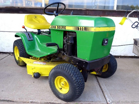 John Deere Model 111 riding lawn tractor has a 36" deck; starts, runs and drives.