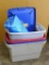 Plastic totes with one lid and tarp that has some fraying; bundle measures 14