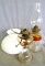 White hobnail glass lamp shade, along with two glass lanterns tallest measuring 17''