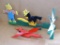 Classic scarecrow whirly-gig, plus a cardinal. Larger is 3' long.