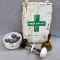 Antique doorknob, vintage First Aid Kit, ashtrays, pins, more. Doorknob in good condition, about