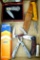 Folding knife with train picture on handle in wooden gift box, leather Wildcat knife sheath for