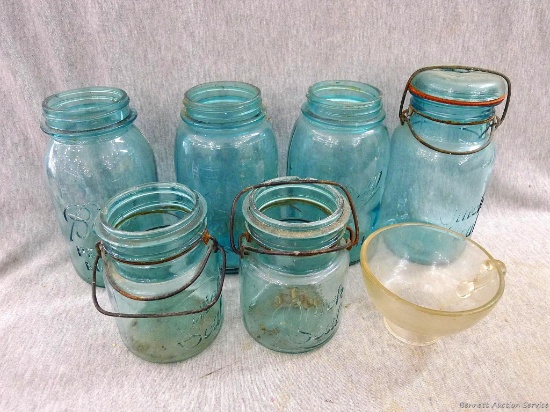 Six blue mason jars incl Ball and Quick Seal. plus a nice glass funnel in good condition. Larger