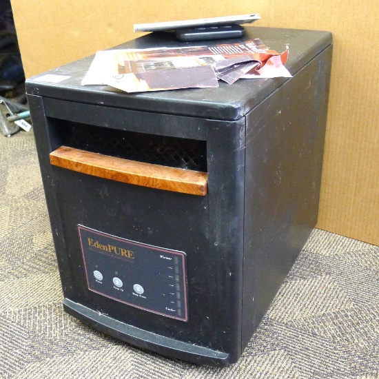 EdenPURE quartz infrared portable heater, model 1000-XL; measures 13" x 19" x 17" tall. Includes