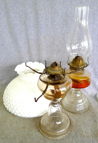 White hobnail glass lamp shade, along with two glass lanterns tallest measuring 17''