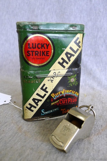 Lucky Strike Half and Half Smoking Tobacco tin, measures 4 1/'' and a be prepared Boy Scout whistle
