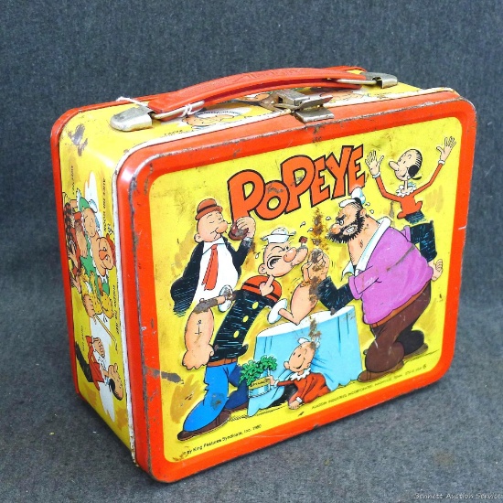 Aladdin 1980 metal Popeye lunch box. Measures 8'' x 7'' x 4'', has some surface rust and wear but is