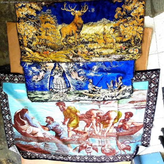 Velvet wall tapestries, scenes include Jesus in a boat, angels, and a deer. Tapestries are in good