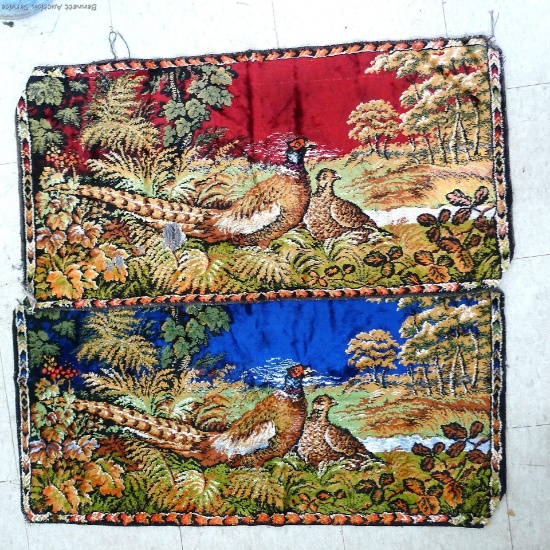 Pheasant wall tapestries. One is missing some fabric, in otherwise nice shape. Largest measures 3' x