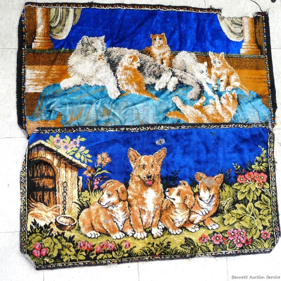 Animal wall tapestries, one with dogs and the other with cats. Both have some fabric missing, the