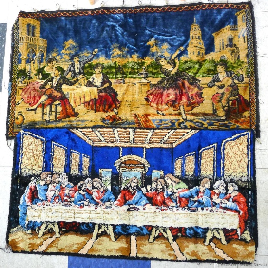 Wall tapestries, images include last supper and dancing scene. Both are in decent condition with