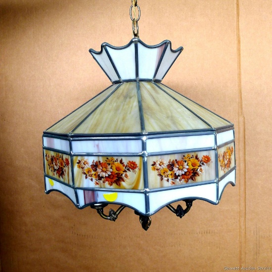 Vintage glass hanging light fixture with globe is about 18" diameter x 13" tall without chain.
