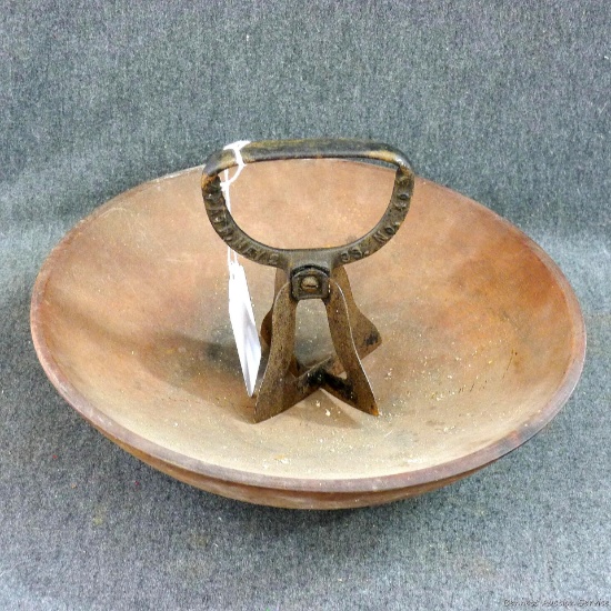 Wooden bowl is etched on bottom is 'Munising' comes with J.A. & Co. Inc. chopper No. 40 that is