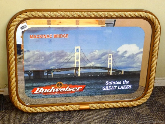 Budweiser Salutes the Great Lakes framed mirror features the Mackinac Bridge, measures 24" x 32"