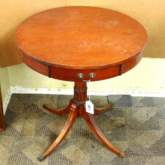 Duncan Phyfe style pedestal end table is 26" diameter and stands 27" high.