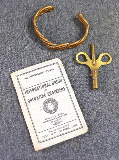 Braided copper cuff style bracelet is 3"; antique clock key; Internation Union of Operating