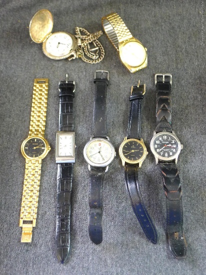 Three men's and three ladies wrist watches, plus a Remington pocket watch. All pieces are quartz and