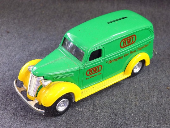 Ertl die cast coin bank commemorates HWI of Fort Wayne, Ind. Measures 8" long.