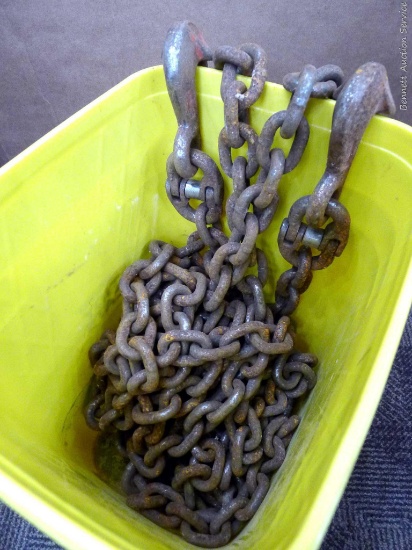 3/8" chain is approx. 37' with heavy duty grab hooks and a 7" loop in middle.