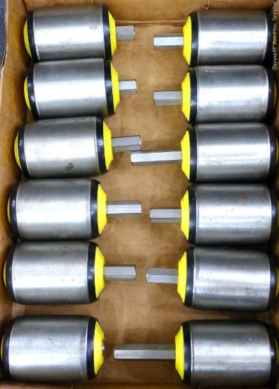 One dozen Interroll conveyor rollers with threaded hex hubs, 3" long.