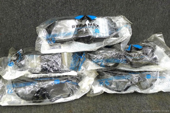 Four pair of mirrored safety glasses, plus another. All NIP.