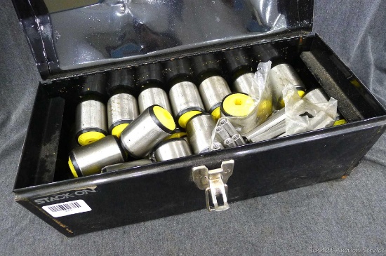 16" lockable steel box contains dozens of Interroll conveyor rollers. Rollers have 3" hex shafts