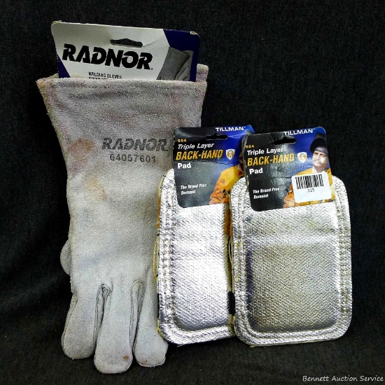 Radnor size large split cowhide welding gloves and two Tillman Triple Layered Back-Hand Pad.