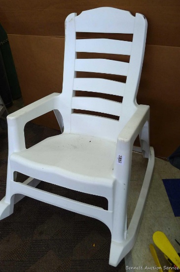 Weatherproof patio rocking chair is in good condition and measures about 30" x 36" x 40" high.