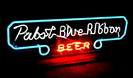 No shipping. Pabst Blue Ribbon neon beer light is about 43" x 19" x 4-1/2". Sign works and has nice