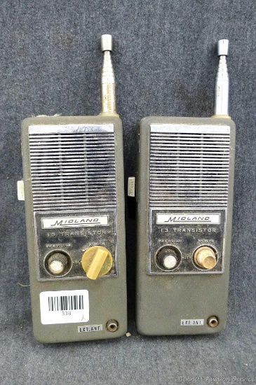 Retro Midland 13 transistor personal CB radios are Model 13-133. Bodies about 8-1/2" long. Antennas