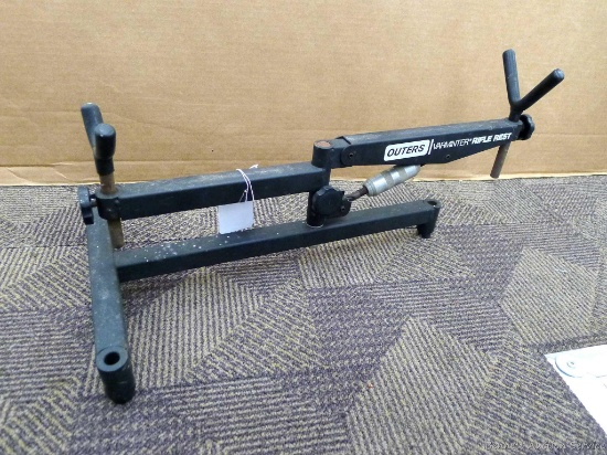 Outers Varminter bench mountable Rifle Rest is about 2' long and 1' wide.