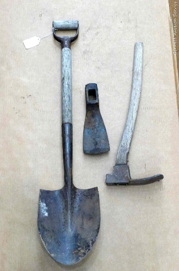 37" long USA spade shovel with a tight head, grub hoe with a fairly tight head on a 23" handle, and