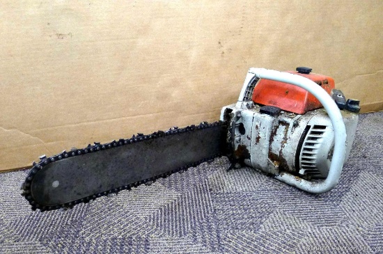 Stihl 041 chainsaw has a 16" bar. Tank is almost dry, so untested. Turns over and has good