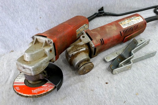 Two 4-1/2" Milwaukee angle grinders. Untested, cords are bad.