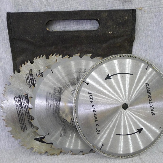 Three 10" saw blades, one is carbide tipped. Have 5/8" arbor holes.