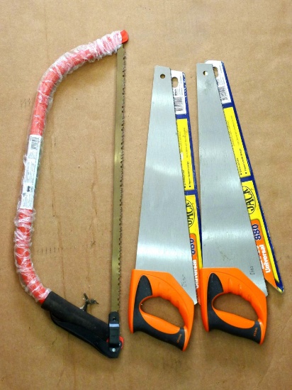 Two Irwin 20" hand saws and a 24" Ace bow saw.