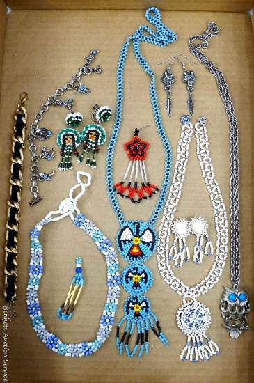 Native American style beaded jewelry including necklaces, earrings, faux silver and turquois