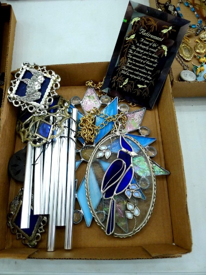 Two beautiful suncatchers in blue tones include large snowflake and blue jay, wind chimes with