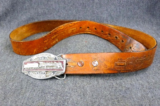 New York Central Hudson Steam Locomotive belt buckle made by Bergamot Brass Works is on a blet with