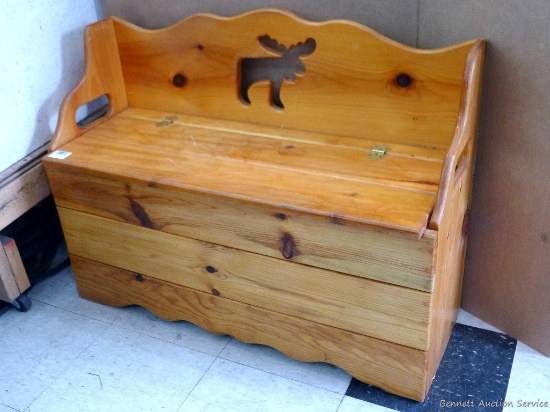 Cute little wooden bench with storage, has a moose cutout on the back; measures 36" x 14" x 26"